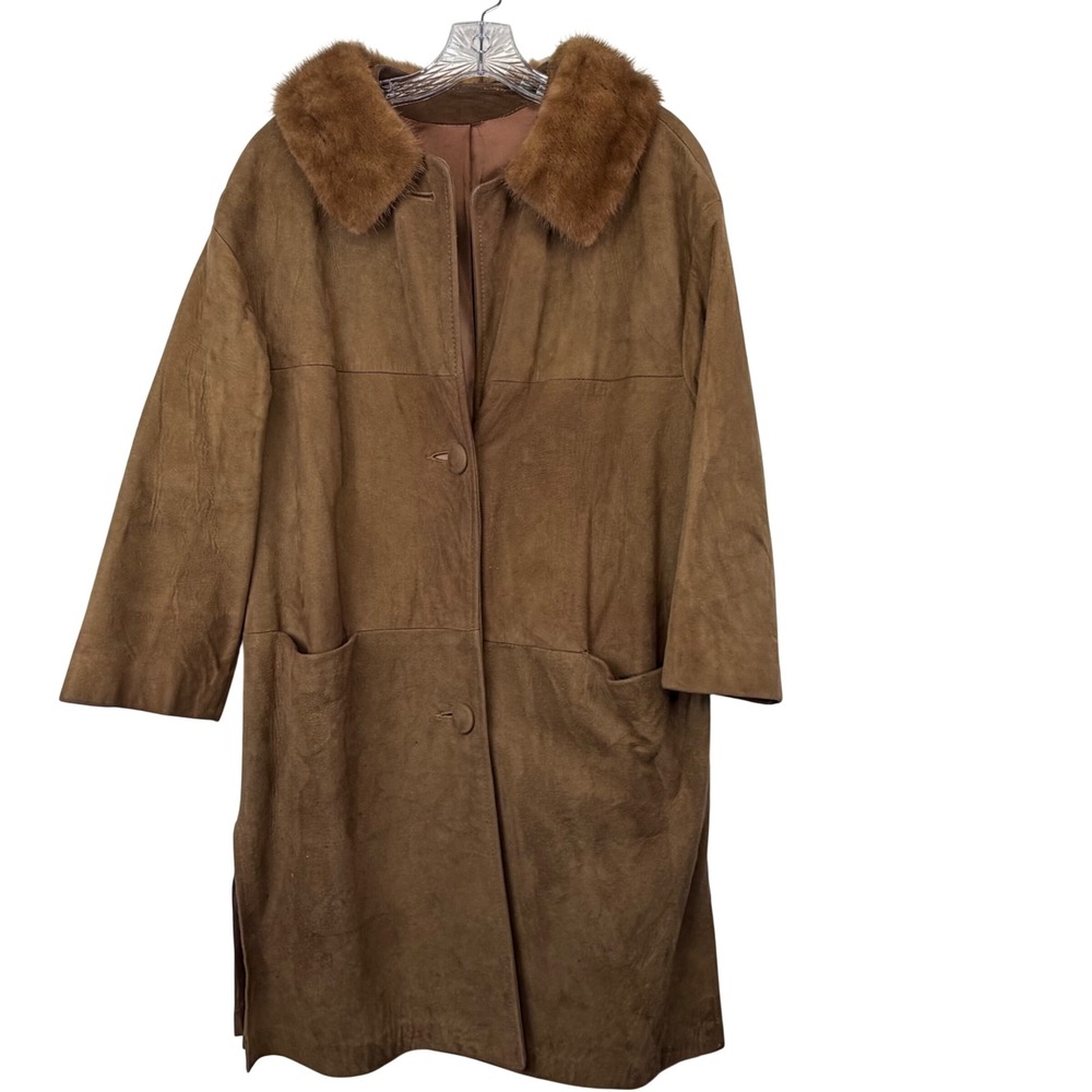 Vintage 1960s Cocoa Brown Suede Fur Collar Coat 3/4 Sleeve Heritage Western M